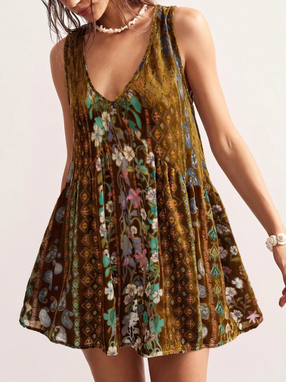 Multicolor Boho Women's Pleated Ruched V Neck Flared Mini Dress